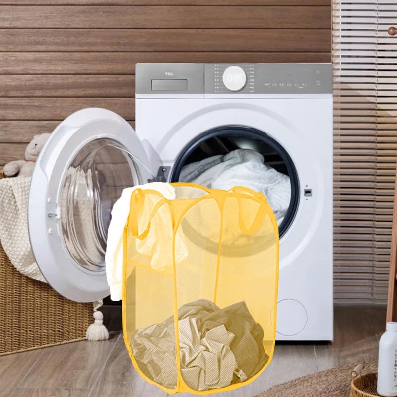 Buenod Mesh Pop up Laundry Hamper, Foldable Clothes Hamper Laundry Basket for Rooms, Apartment, College Dorm or Travel, Yellow - Image 5